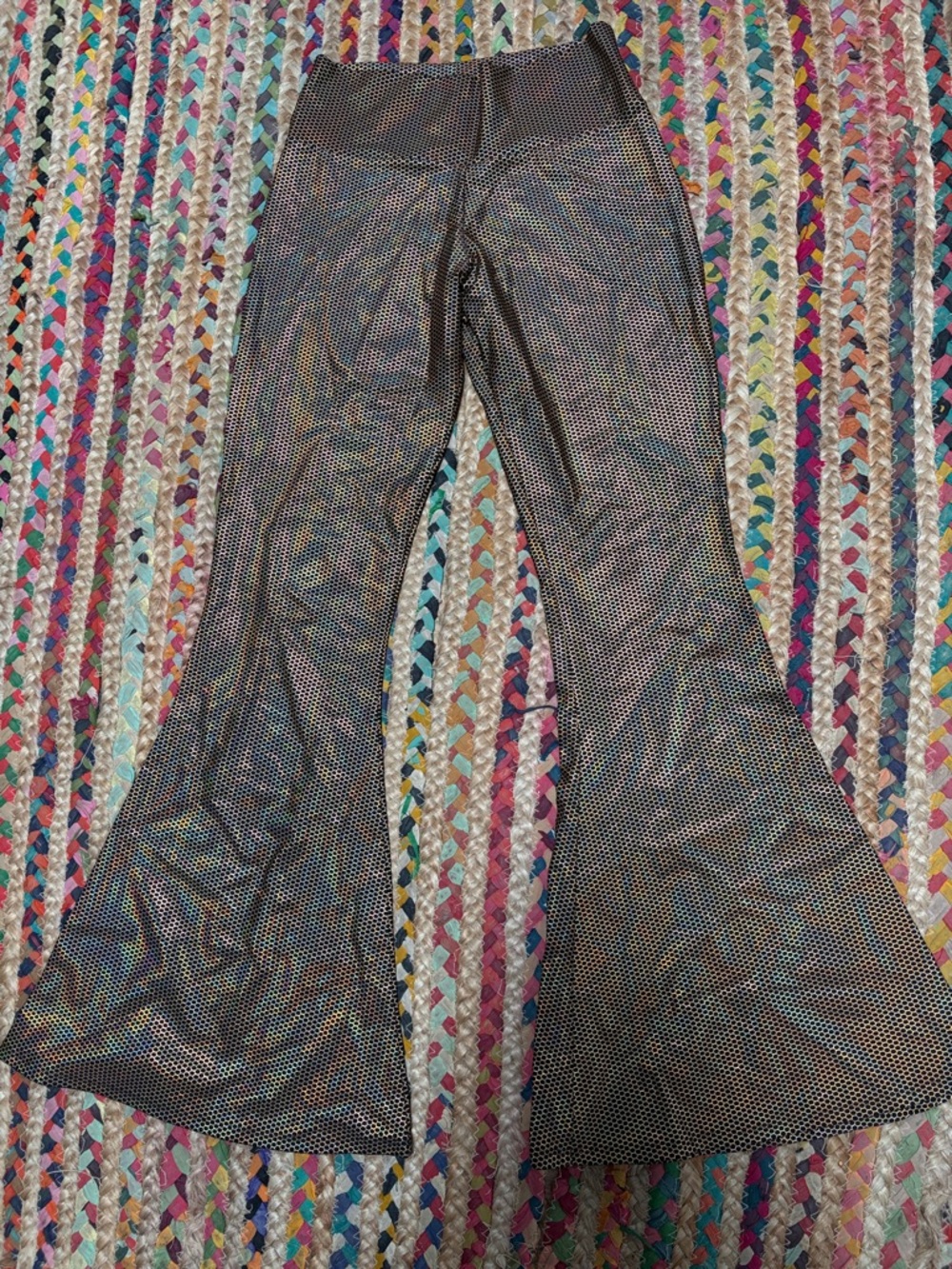 Metallic Honeycomb Flared Pants - Holographic Gold Black